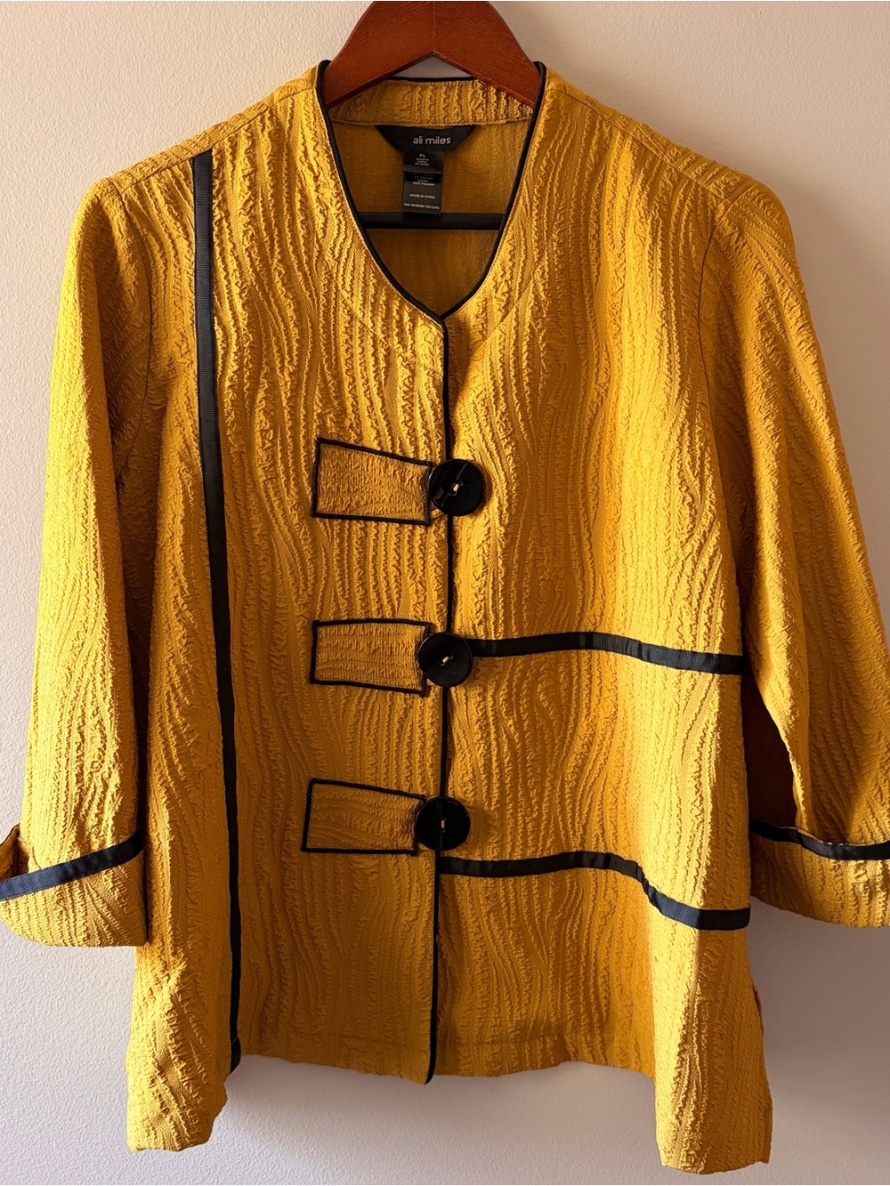 Ali Miles Size PL Mustard Yellow Crinkle Textured Jacket Black Contrast Trim
